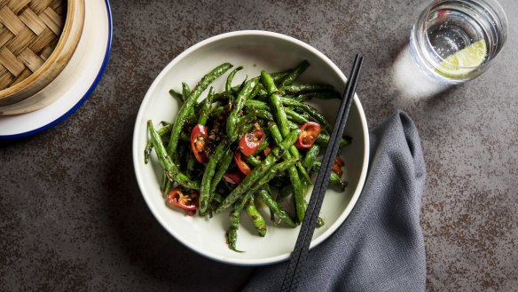 Wok-fried green beans with pork mince, olive leaves and chilli.