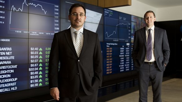 On-Market Bookbuild chief executive officer Ben Bucknell and managing director Tim Eisenhauer at the ASX. 