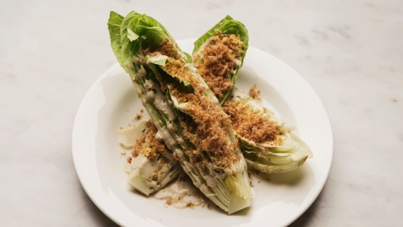 Crisp cos with smoked mussel dressing and prosciutto crumbs.