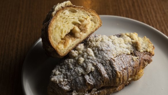 The apple crumble croissant is like eating a deluxe apple pie with a crumble crust on top. 