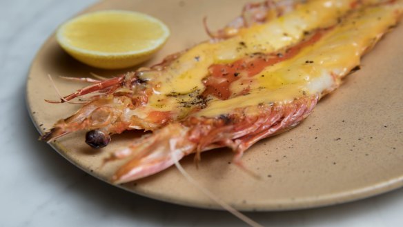 Prawns with salted egg yolk at Poly in Surry Hills.