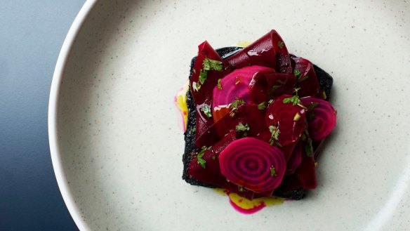 Blood cake, pickled beetroot and rosemary oil.