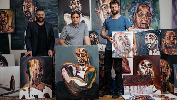 Artist Ben Quilty (right) with Campbelltown Arts Centre director Michael Dagostino (left) and Sydney Festival director Wesley Enoch.