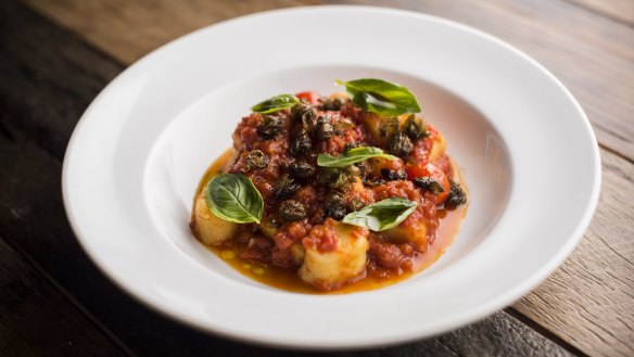 Potato gnocchi with tomato sugo and deep-fried capers.