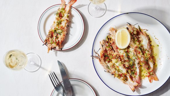 Wood-grilled king prawns and garlic butter.