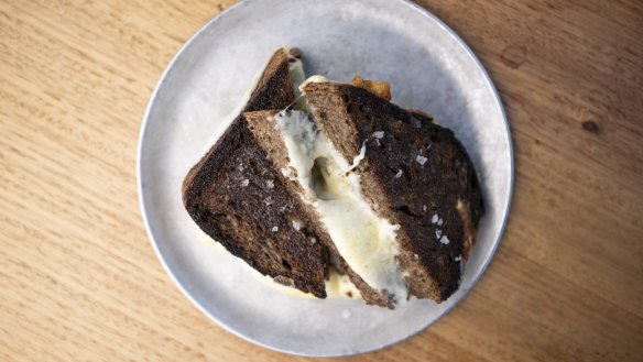 Cheese toast on sourdough malt bread. 