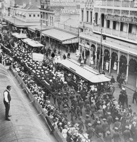 The original Dungarees marching along Brisbane's Queen Street in 1915.