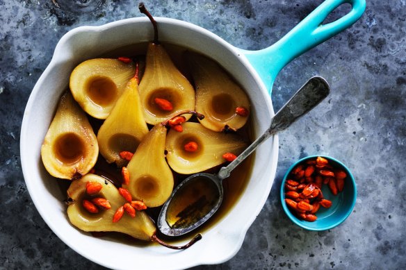 Pears poached in black dragon tea.