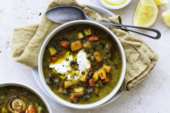 Roasted vegetable and lentil soup.