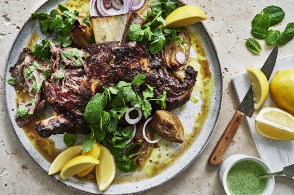 Adam Liaw's spiced lamb shoulder with mint and coriander chutney.