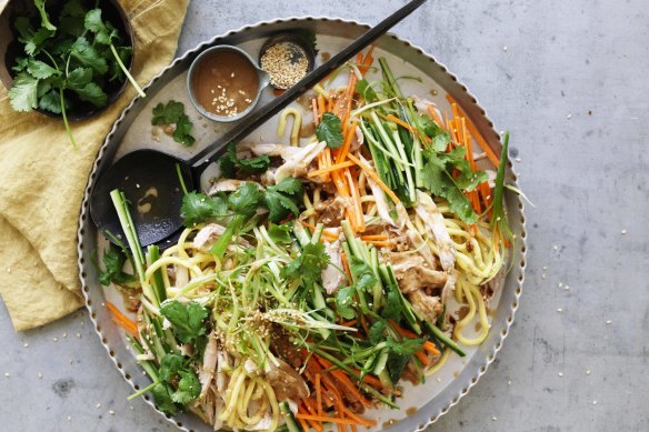 Peanut butter noodles with roast chicken.