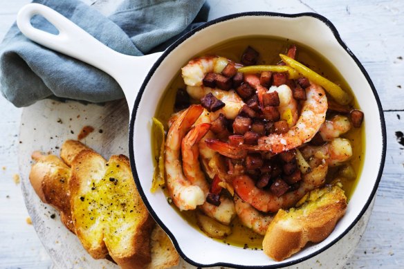 Pot prawns with garlic, pancetta and lemon.