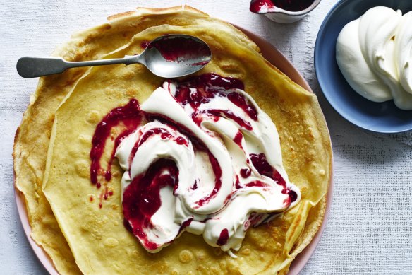 Swedish-style pancakes with jam and cream.