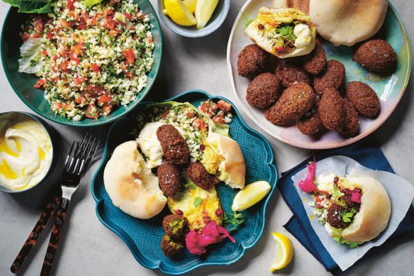 Alice Zaslavsky's fried green falafels with cauli tabbouleh, hubba-baba ghanoush and pickled pink cauli.