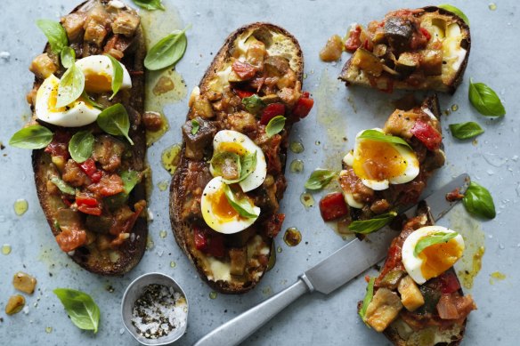 Jammy centred soft-boiled eggs and ratatouille on toast.