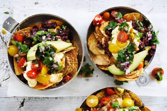 Beef nachos with coriander salsa.