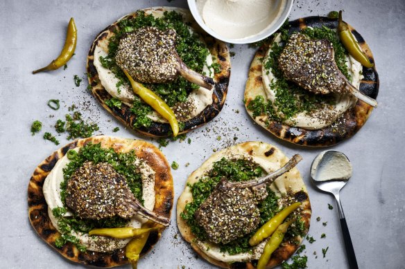 Falafel spiced lamb cutlets with charred pita.