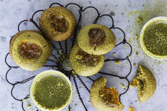 Matcha marmalade thumbprint biscuits aka jam drops.