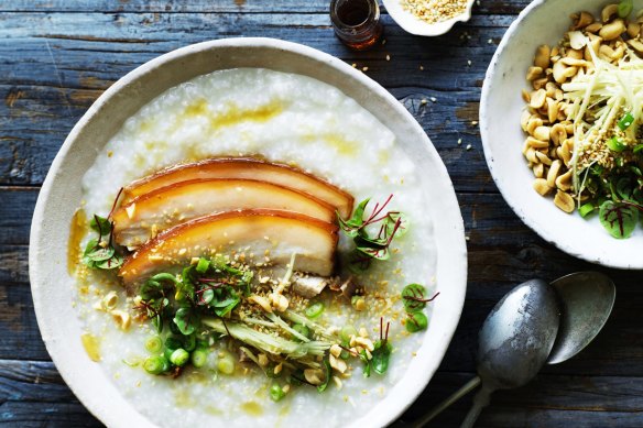 Chinese comfort food: Pork belly congee with ginger and soy.