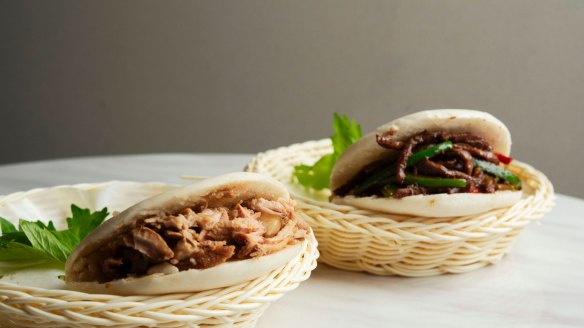 Pulled pork burger and cumin beef burger at Xi'an Eatery in Burwood.