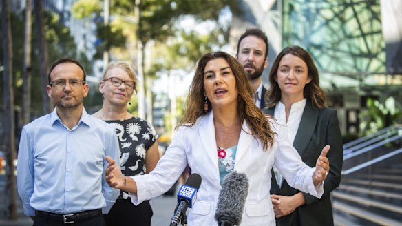 Adam Bandt MP, Leader of the Australian Greens, Senator Lidia Thorpe, Senator Janet Rice and Lead Greens lower house candidates Steph Hodgins-May, Sonya Semmens, Piers Mitchem and Celeste Liddle held a press conference at Federation Square today, 10th April, 2022.