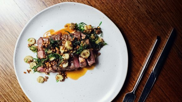 Slow-cooked pork neck, baby corn, rye and tarragon at Monopole.