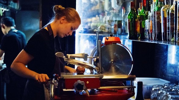 House-cured charcuterie on the slicer at Monopole, Potts Point.