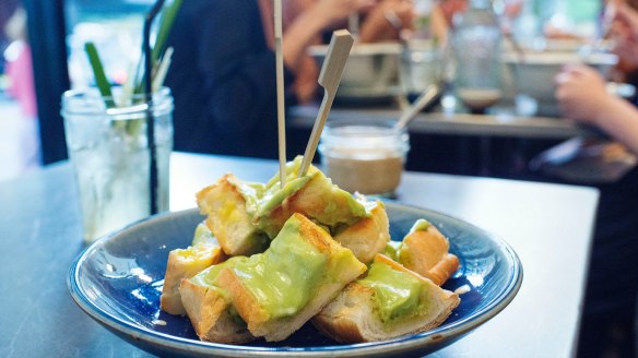 Pandan custard on toast at Boon Cafe.