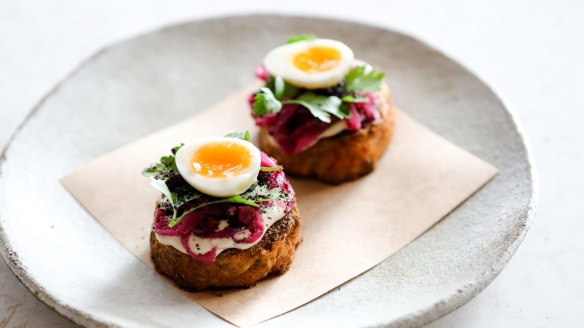 Go-to dish: Falafel crumpet with parsley and quail egg. 