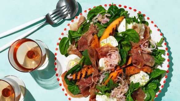 Grilled rockmelon, mozzarella and prosciutto salad. 
