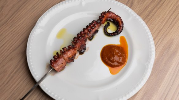 Barbecued Fremantle octopus spiedini with 'nduja Calabrese.