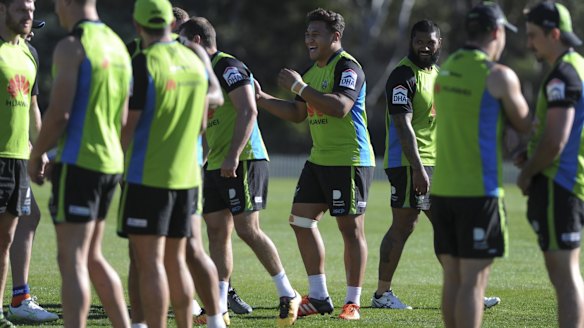 All smiles: Josh Papalii trains with the Canberra Raiders on Tuesday after being named in the Australian Kangaroos team.