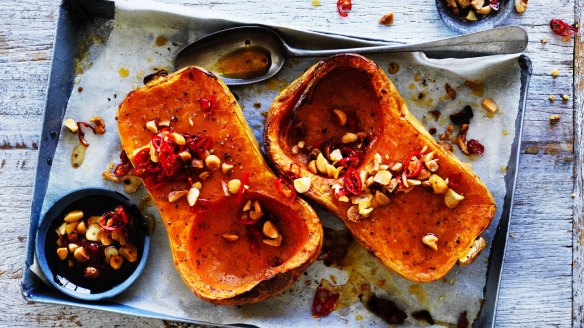 Roast pumpkin with macadamia and chilli.