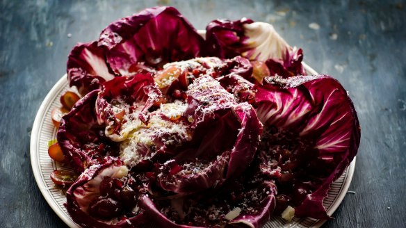 Radicchio and red grapes showered in manchego snow.