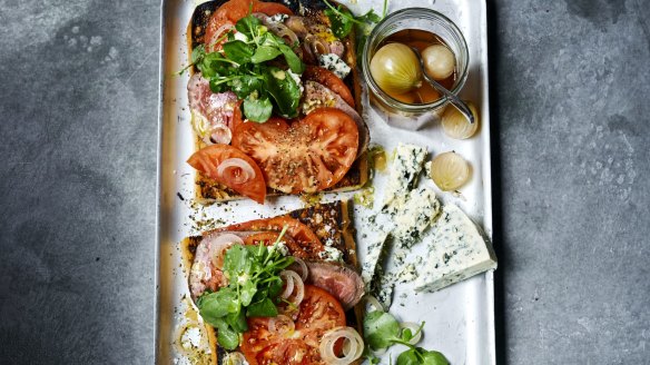 Steak sandwich and pickled onion salad.