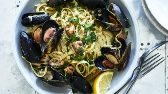 Adam Liaw's linguine with mussels, capers and cream.