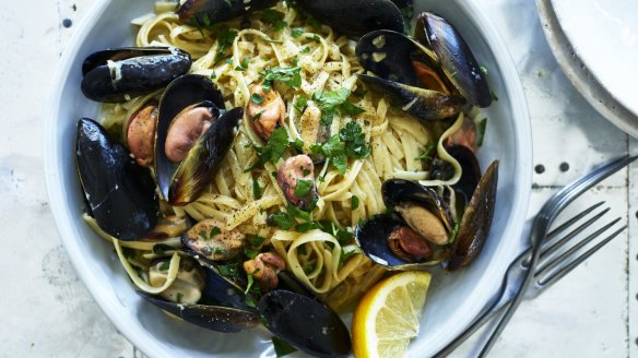 Adam Liaw's linguine with mussels, capers and cream.