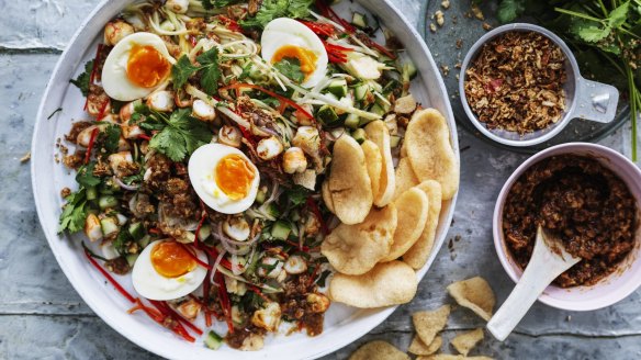 Thai prawn and green mango salad with prawn crackers and soft egg.