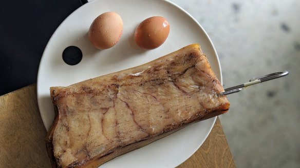 Broadbill (swordfish) belly bacon and eggs from Sydney restaurant Saint Peter.