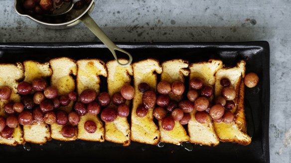 Honey-baked ricotta with roasted red grapes.
