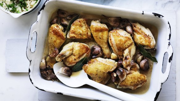 Neil Perry's Spanish chicken with garlic and fresh bay leaves.