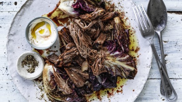 Slow roast lamb shoulder with balsamic-braised radicchio and aioli
