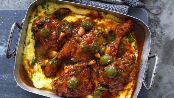 Braised chicken, pictured on a bed of polenta.
 