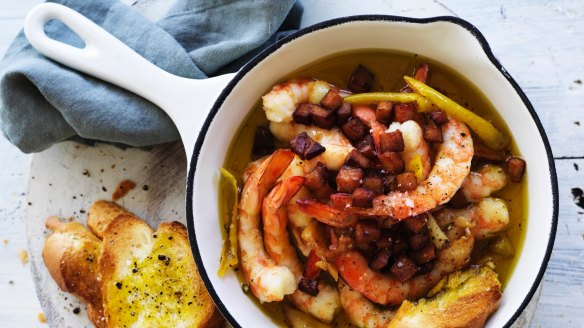 Pot prawns with garlic, pancetta and lemon.