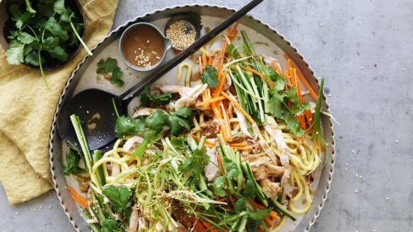 Peanut butter noodles with roast chicken.