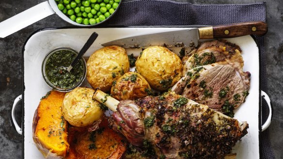 Crying roast lamb with pumpkin, peas and potatoes.