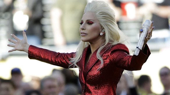 Lady Gaga sings <em>The Star Spangled Banner </em>before the NFL Super Bowl 50 between the Denver Broncos and the Carolina Panthers on Sunday.
