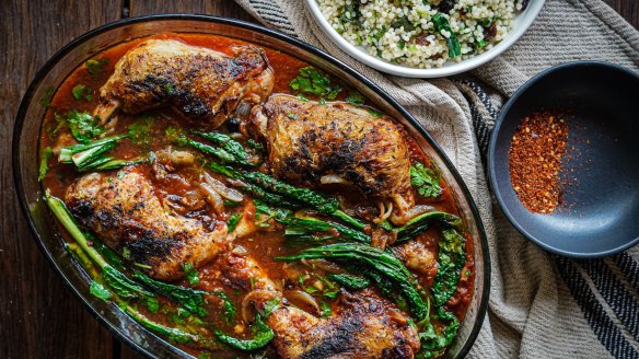 Syrian-style baked chicken with cous cous.