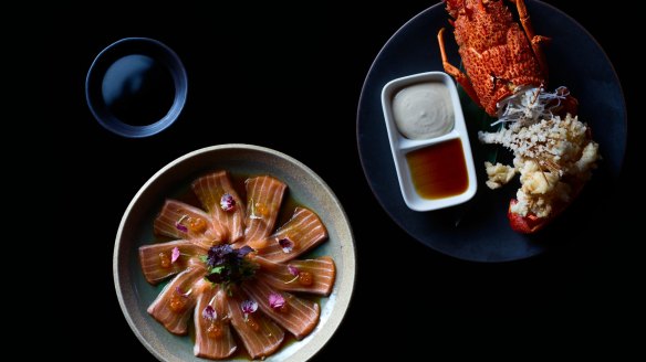 Salmon sashimi with lobster tempura.