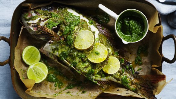 Whole-roasted snapper with a zippy, herby sauce.